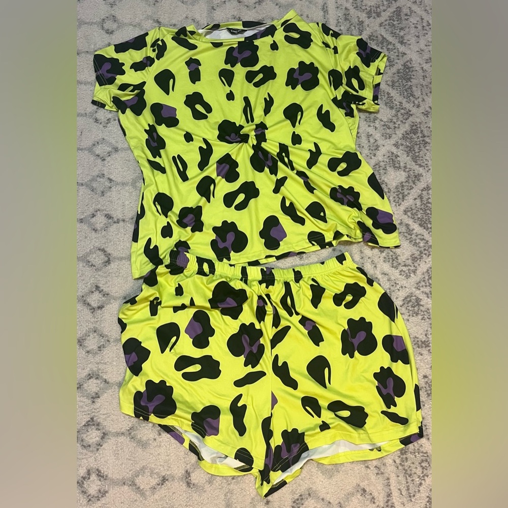 Women’s Bright Yellow and Purple Leopard Print Pajama Set